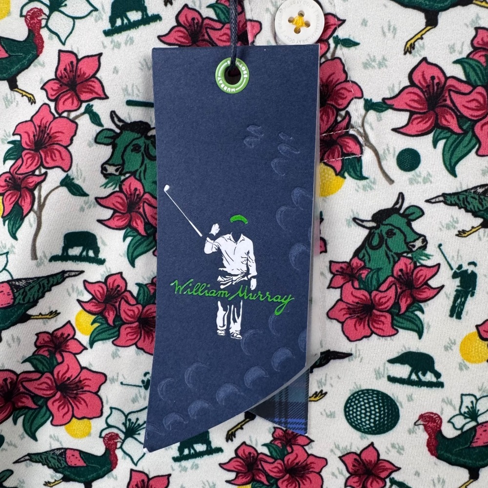 William Murray Golf Mens Greens Keepers Polo Shirt White Floral Animal Large NWT - Picture 5 of 12